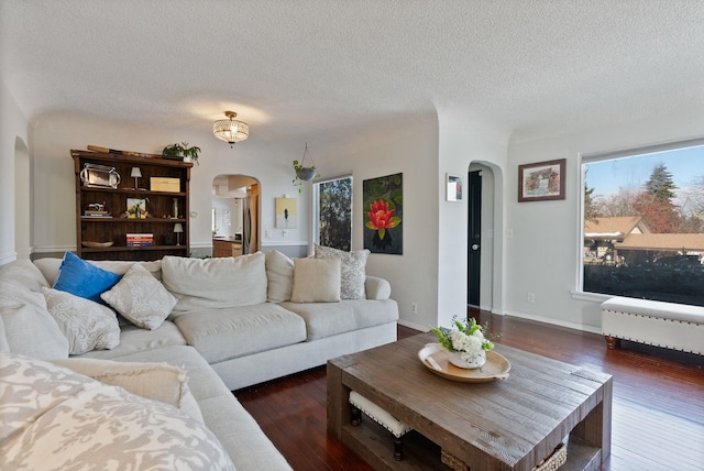 living room with a textured ceiling and dark hardwood / wood-style flooring