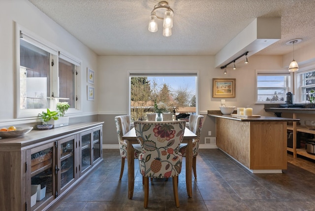 dining area with a textured ceiling and a wealth of natural light