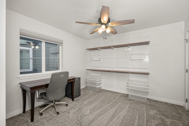 carpeted office featuring ceiling fan