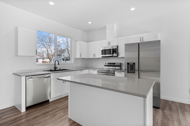 kitchen featuring white cabinetry, sink, dark hardwood / wood-style flooring, a center island, and stainless steel appliances