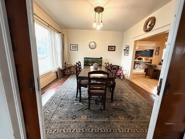 dining space featuring wood-type flooring