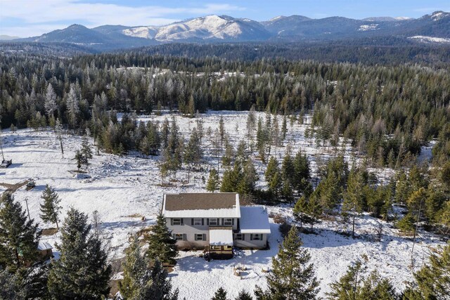 snowy aerial view with a mountain view