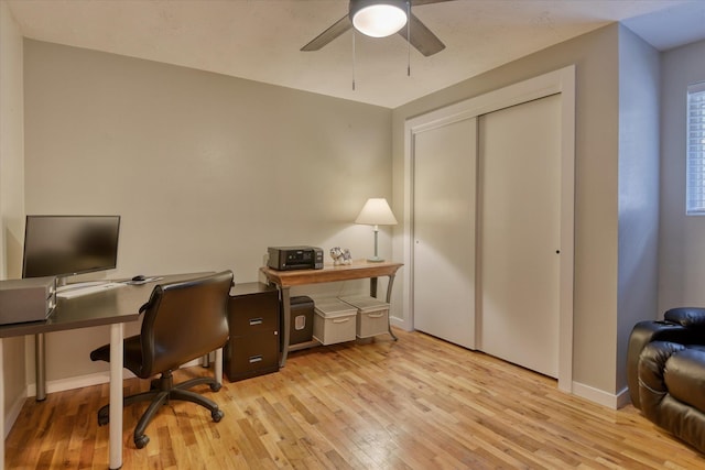 office area featuring light hardwood / wood-style flooring and ceiling fan