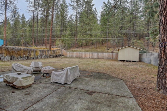 view of patio / terrace with a storage shed