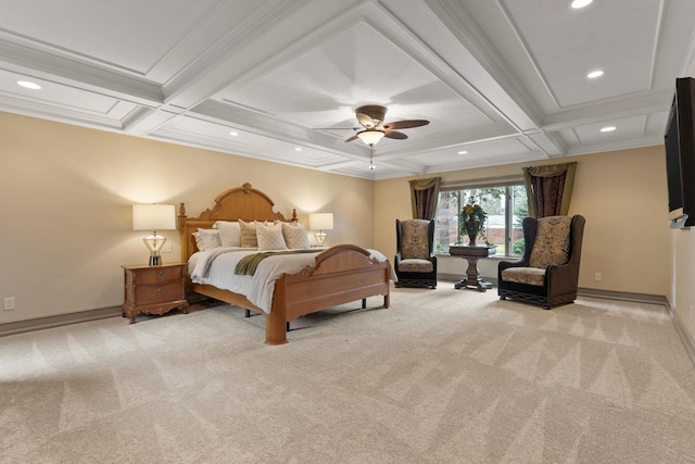 carpeted bedroom featuring ornamental molding, coffered ceiling, and beam ceiling