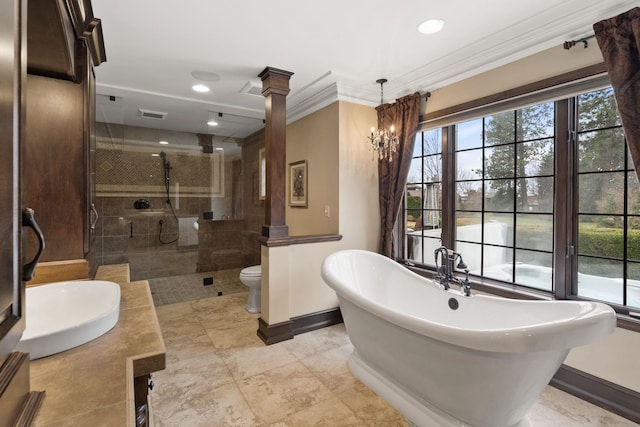 full bathroom with crown molding, decorative columns, vanity, shower with separate bathtub, and toilet