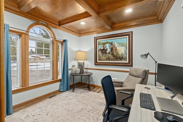 office featuring beamed ceiling, ornamental molding, coffered ceiling, and light wood-type flooring