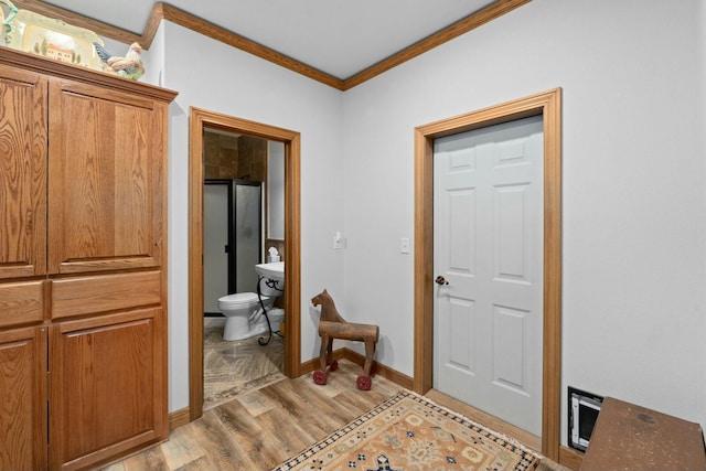 interior space featuring crown molding and light hardwood / wood-style flooring