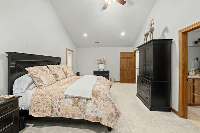 carpeted bedroom featuring vaulted ceiling and ceiling fan