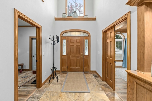 entrance foyer with a towering ceiling, a healthy amount of sunlight, and light hardwood / wood-style floors