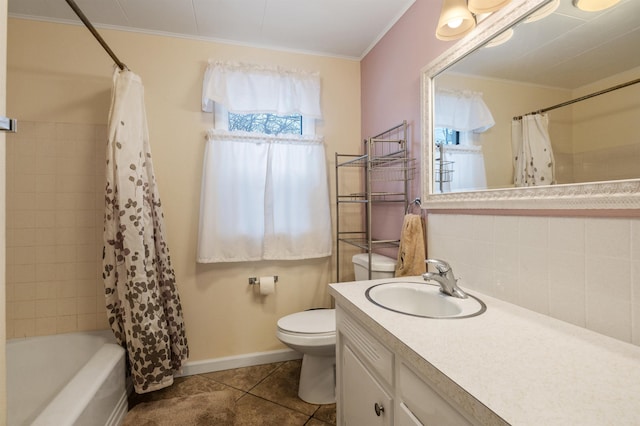 full bathroom with vanity, tile patterned floors, ornamental molding, and toilet