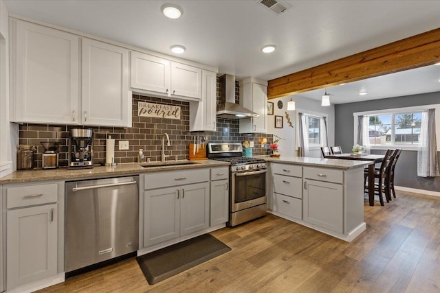 kitchen featuring sink, appliances with stainless steel finishes, white cabinets, kitchen peninsula, and wall chimney exhaust hood