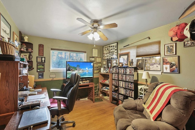 office area featuring ceiling fan and light wood-type flooring