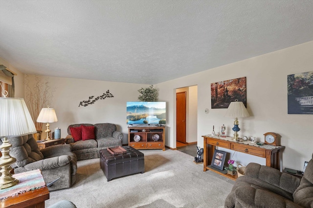 carpeted living room with a textured ceiling