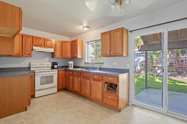 kitchen with ceiling fan and electric range