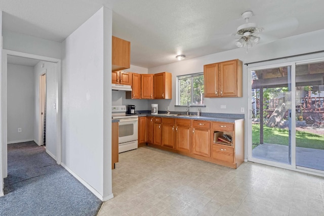 kitchen featuring ceiling fan, sink, and electric range