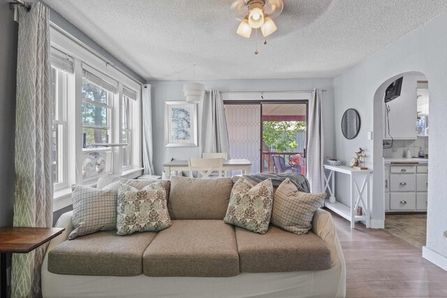 living room featuring hardwood / wood-style floors, ceiling fan, a wealth of natural light, and a textured ceiling