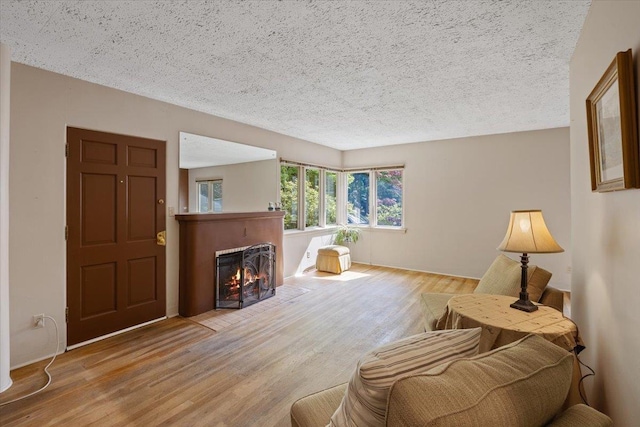 living room featuring light hardwood / wood-style floors and a textured ceiling