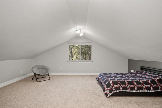 carpeted bedroom with vaulted ceiling and a textured ceiling