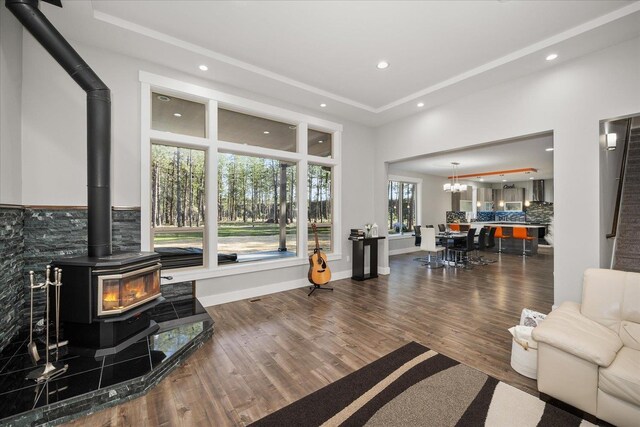 living room with a notable chandelier, wood-type flooring, a raised ceiling, and a wood stove