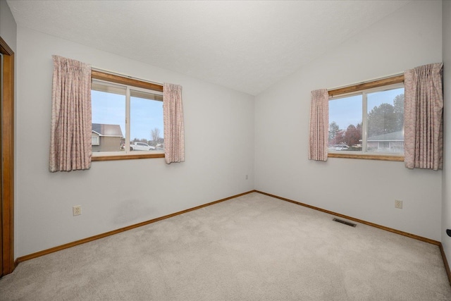 spare room with a healthy amount of sunlight, vaulted ceiling, carpet flooring, and a textured ceiling