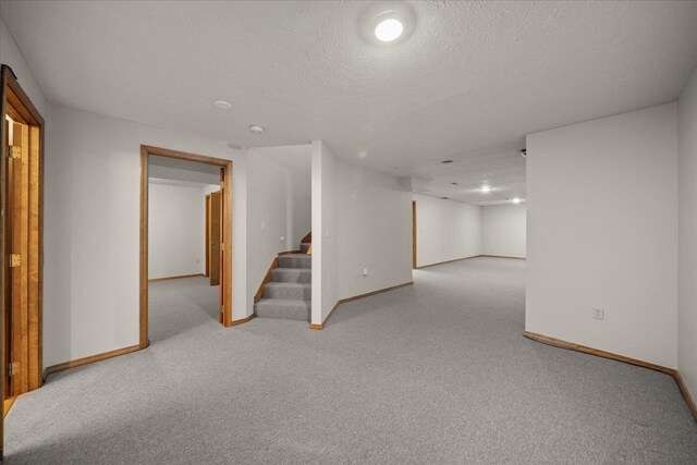 basement with light colored carpet and a textured ceiling