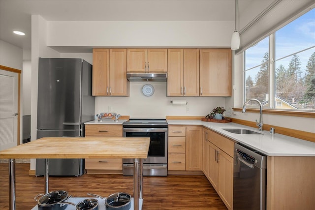 kitchen featuring appliances with stainless steel finishes, sink, pendant lighting, and light brown cabinets