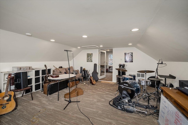 exercise area featuring carpet flooring and vaulted ceiling