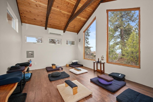 exercise area featuring wood ceiling, a healthy amount of sunlight, wood-type flooring, and a wall mounted AC