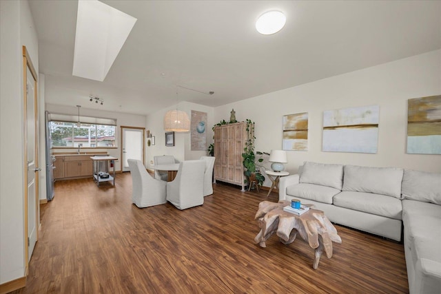 living room featuring sink and dark wood-type flooring