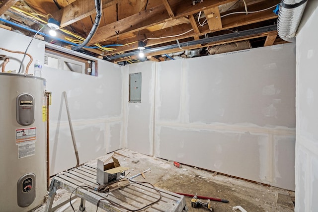 basement with electric panel and water heater