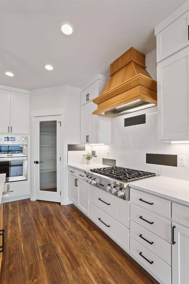 kitchen featuring white cabinetry, stainless steel appliances, dark wood-type flooring, and custom exhaust hood