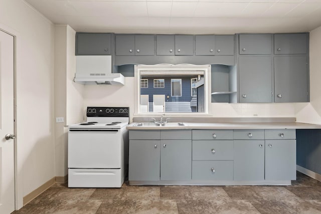 kitchen featuring sink, gray cabinetry, and white range with electric cooktop