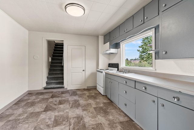 kitchen with sink, gray cabinetry, and white range with electric stovetop