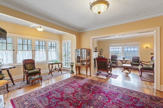 sitting room featuring crown molding, light hardwood / wood-style floors, and a textured ceiling