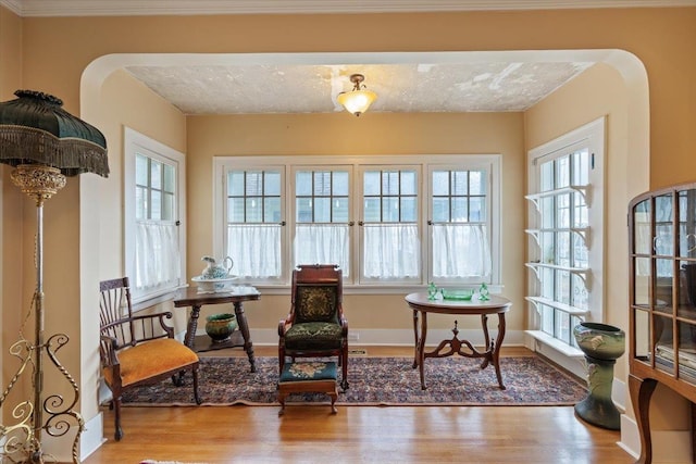 sitting room with wood-type flooring and a textured ceiling