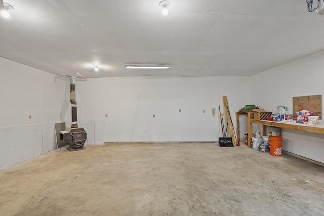 garage with a wood stove