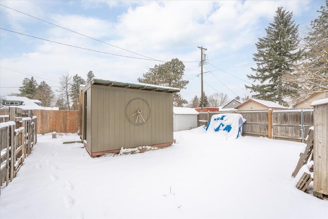 exterior space with a storage shed