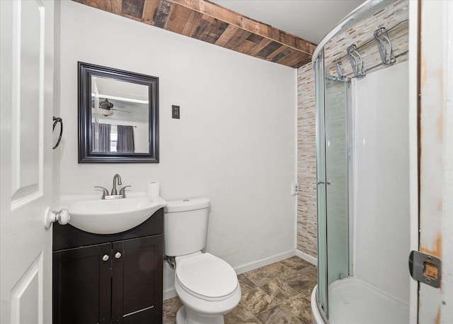 bathroom featuring vanity, wood ceiling, a shower with shower door, and toilet