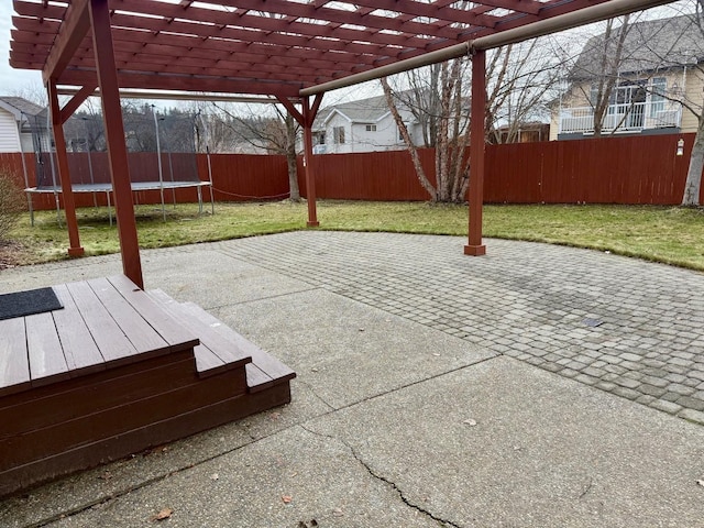 854 S Shelley Lake Ln, Spokane Valley, WA 99037 - view of patio / terrace featuring a trampoline, fence, and a pergola