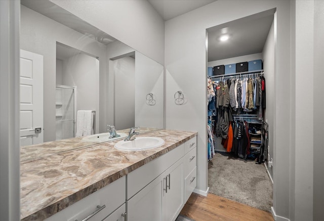 bathroom featuring a stall shower, wood finished floors, vanity, and a spacious closet