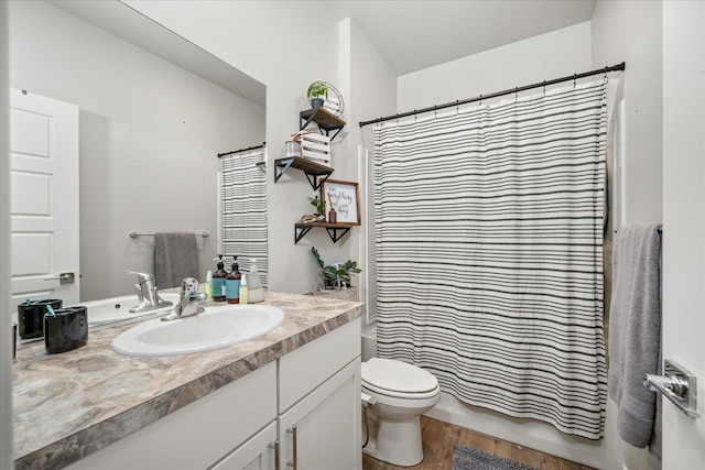 full bath featuring vanity, toilet, and wood finished floors