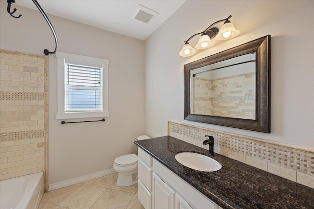 full bathroom with tub / shower combination, tile patterned flooring, backsplash, vanity, and toilet