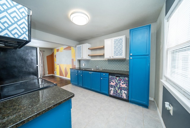 kitchen featuring white cabinetry, dishwasher, stovetop, decorative backsplash, and blue cabinetry