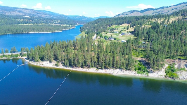 aerial view featuring a water and mountain view