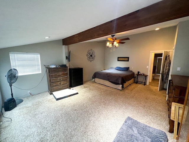 bedroom featuring vaulted ceiling with beams, carpet, recessed lighting, and a ceiling fan