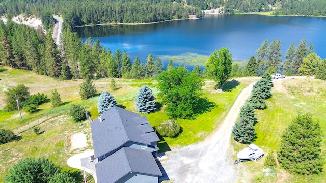 drone / aerial view with a wooded view and a water view