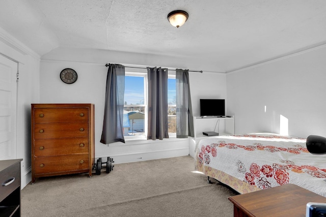 carpeted bedroom featuring a textured ceiling