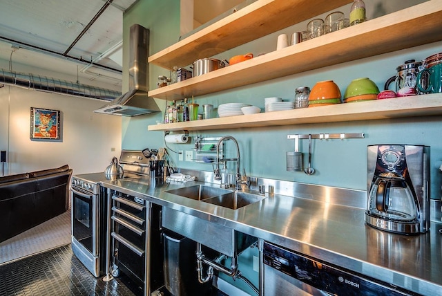 kitchen featuring stainless steel appliances, stainless steel counters, island exhaust hood, and sink