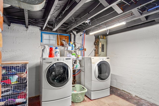 washroom with separate washer and dryer and electric panel